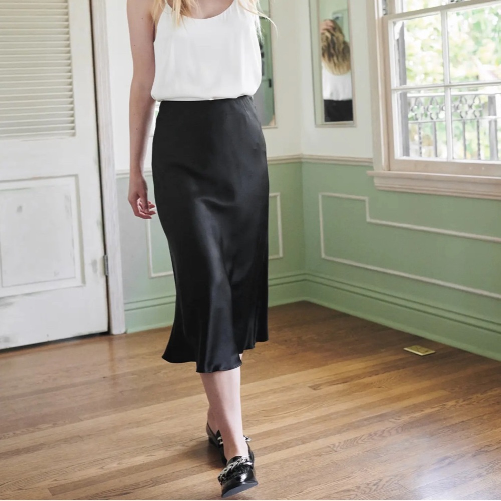 Quince Black Satin Midi Skirt